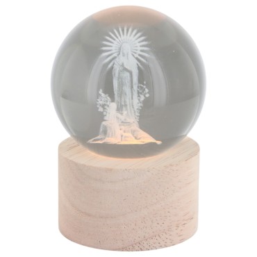 Boule sur socle en bois avec image de saint gravée au laser et lumière LED - H 8.5 cm