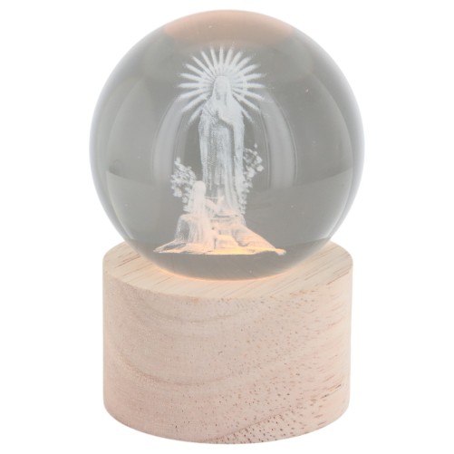 Boule sur socle en bois avec image de saint gravée au laser et lumière LED - H 8.5 cm