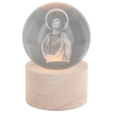Boule sur socle en bois avec image de saint gravée au laser et lumière LED - H 8.5 cm