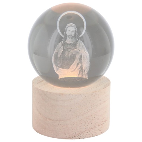 Boule sur socle en bois avec image de saint gravée au laser et lumière LED - H 8.5 cm