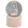 Boule sur socle en bois avec image de saint gravée au laser et lumière LED - H 8.5 cm