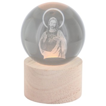 Boule sur socle en bois avec image de saint gravée au laser et lumière LED - H 8.5 cm