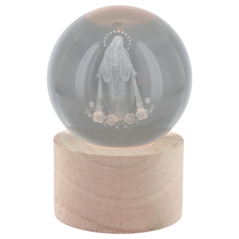 Boule sur socle en bois avec image de saint gravée au laser et lumière LED - H 8.5 cm