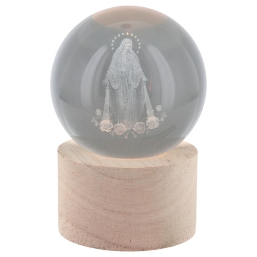 Boule sur socle en bois avec image de saint gravée au laser et lumière LED - H 8.5 cm