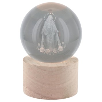 Boule sur socle en bois avec image de saint gravée au laser et lumière LED - H 8.5 cm