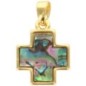 Croix de cou carrée en laiton de couleur doré et coquille d'ormeau, H. 1.3 cm.