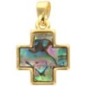 Croix de cou carrée en laiton de couleur dorée et coquille d'ormeau, H. 1.3 cm.