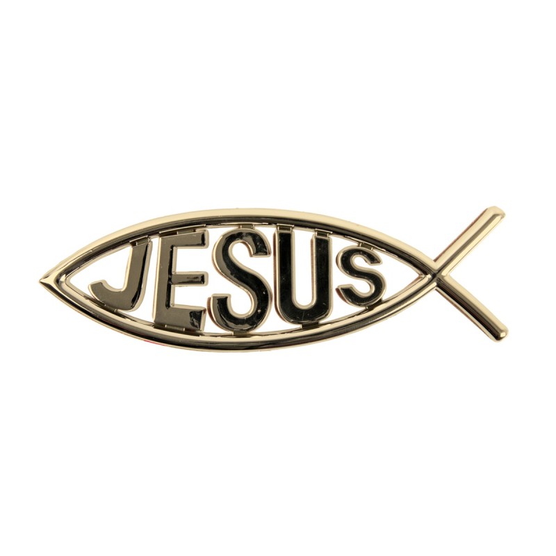 Plaque poisson Ictus autocollante avec inscription Jésus  H. 4,5 x 13 cm. Différentes couleurs