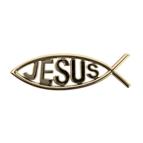 Plaque poisson Ictus autocollante avec inscription Jésus  H. 4,5 x 13 cm. Différentes couleurs