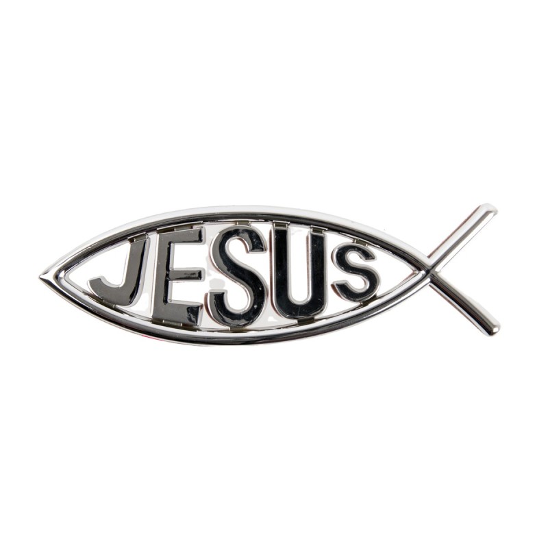 Plaque poisson Ictus autocollante avec inscription Jésus H. 4,5 x 13 cm. Différentes couleurs Plastique..