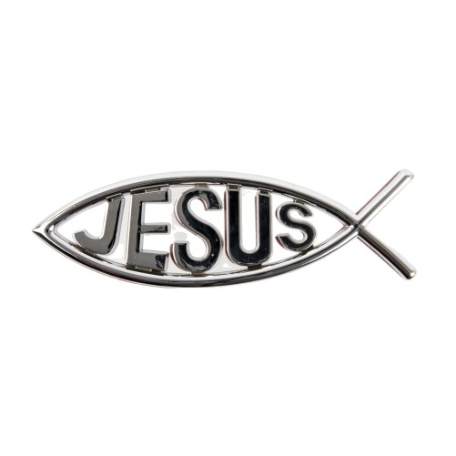 Plaque poisson Ictus autocollante avec inscription Jésus H. 4,5 x 13 cm. Différentes couleurs Plastique..