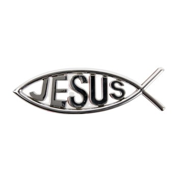 Plaque poisson Ictus autocollante avec inscription Jésus H. 4,5 x 13 cm. Différentes couleurs Plastique..