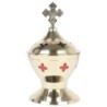 Brûle-encens doré double cuve avec croix, H 14 cm, Ø 7 cm. Livré en boîte individuelle.