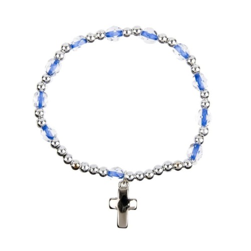 Bracelet dizainier sur élastique argentée et grains œil de chat à facettes, Ø 8 mm, croix. Plusieurs couleurs.