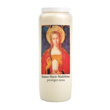 Bougie de neuvaine durée 9 jours 100% végétal avec autocollant classique et prière, hauteur 18 cm Ø 6,5 cm.