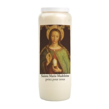 Bougie de neuvaine durée 9 jours 100% végétal avec autocollant classique et prière, hauteur 18 cm Ø 6,5 cm.