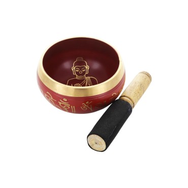 Bol chantant Tibetain traditionnel en laiton emaille rouge Boudha Ø 8,5 cm, poids 450 g.