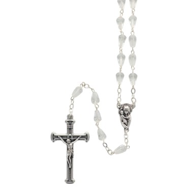 Chapelet grains en verre transparents de forme goutte à facette h. 7 mm, longueur jusqu'au cœur 35 cm, croix avec Christ.
