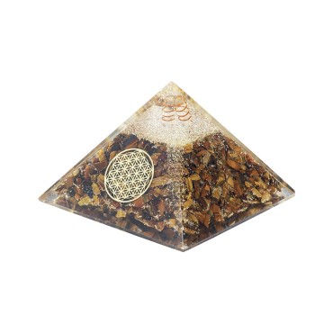 Pyramide Orgonite avec fleur de vie, L. 6 cm. Plusieurs pierres.