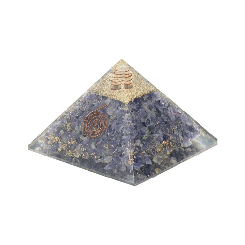 Pyramide Orgonite avec symbole Energie, L. 6 cm. Plusieurs pierres.