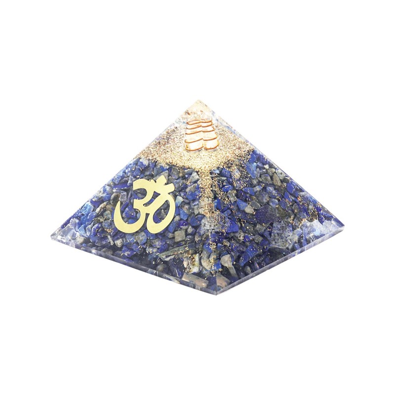 Pyramide Orgonite avec symbole OM, L. 6 cm. Plusieurs pierres.