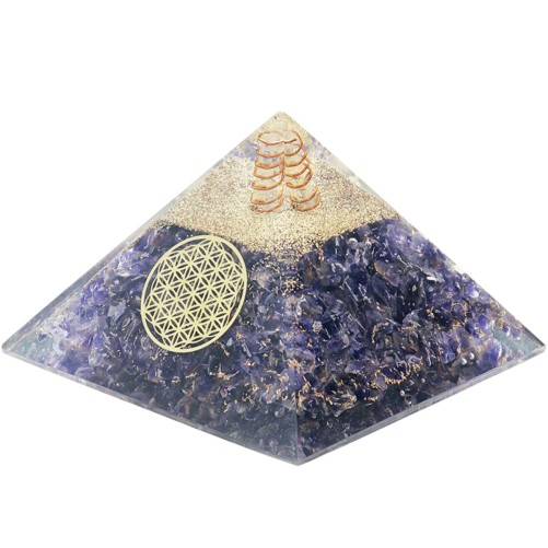 Pyramide Orgonite avec fleur de vie, L. 10 cm. Plusieurs pierres.