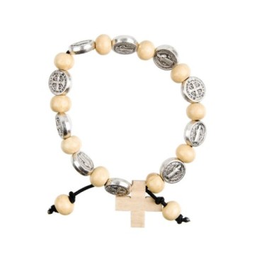 Bracelet dizainier sur élastique médaille de saint Benoit et grains en bois Ø 7 mm avec croix.