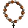 Bracelet dizainier sur élastique grains bois et grains forme rose Ø 1 cm croix métal.