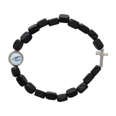 Bracelet sur elastique grains bois, avec croix et resine VM.