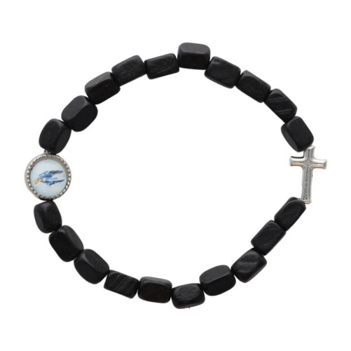 Bracelet sur elastique grains bois, avec croix et resine VM.