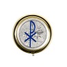 Custode hosties en metal couleur doree plaque metal couleur argentee emaille PAX Ø 5 cm, 2 couleurs.