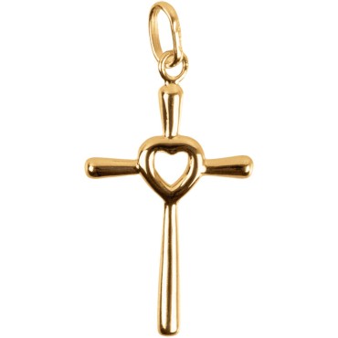 Croix de cou en plaque or avec coeur au centre H. 2,5 cm. Livree en boite