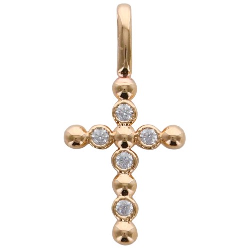Croix de cou arrondie en plaqué or avec zirconium, H. 1.5 cm. Livrée en boite