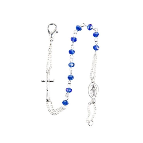 Bracelet dizainier double chaine couleur argentee grains semi cristal, Ø 5 mm avec croix et medaille Vierge Miraculeuse.