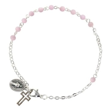 Bracelet sur chaine argentée grains rond en verre Ø 4 mm avec médaille de la Vierge Miraculeuse.