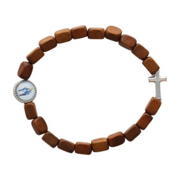 Bracelet sur elastique grains bois, avec croix et resine VM.