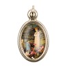 Médaille métal couleur dorée ovale H. 2,5 cm avec résine, plusieurs saints.