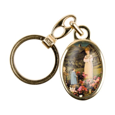 Porte-cles en metal couleur doree H. 3,8 cm avec resine couleur des saints.
