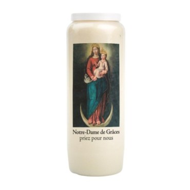 Bougie de neuvaine durée 9 jours 100% végétal avec autocollant classique et prière, hauteur 18 cm Ø 6,5 cm.