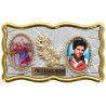 Plaque auto rectangle H. 3 x 6 cm de couleur argentée et dorée avec rose + 2 résines plusieurs Saints