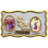 Plaque auto rectangle H. 3 x 6 cm de couleur argentée et dorée avec rose + 2 résines plusieurs Saints