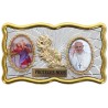 Plaque auto rectangle H. 3 x 6 cm de couleur argentée et dorée avec rose + 2 résines plusieurs Saints