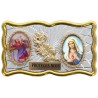 Plaque auto rectangle H. 3 x 6 cm de couleur argentée et dorée avec rose + 2 résines plusieurs Saints