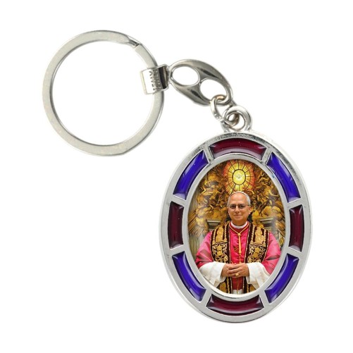 Porte-clés en métal argentée H. 4.5 cm avec contour vitrail avec résine Léon XIV avec l'Esprit Saint