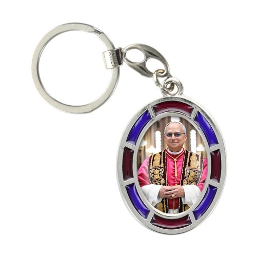 Porte-clés en métal argentée H. 4.5 cm avec contour vitrail avec résine Léon XIV