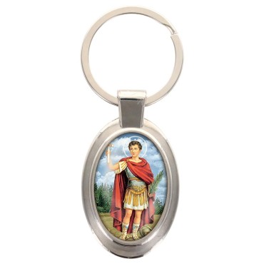 Porte-clés en métal de couleur argenté de forme ovale H. 4.3 cm. Livré en boite cadeaux. Existe avec différents Saints.