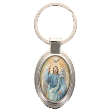 Porte-clés en métal de couleur argenté de forme ovale H. 4.3 cm. Livré en boite cadeaux. Existe avec différents Saints.