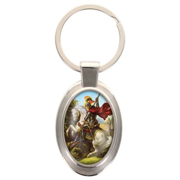Porte-clés en métal de couleur argenté de forme ovale H. 4.3 cm. Livré en boite cadeaux. Existe avec différents Saints.