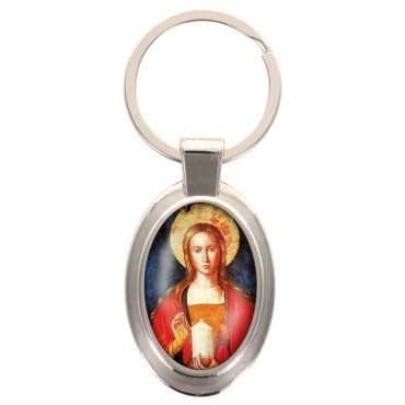 Porte-clés en métal de couleur argenté de forme ovale H. 4.3 cm. Livré en boite cadeaux. Existe avec différents Saints.