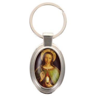 Porte-clés en métal de couleur argenté de forme ovale H. 4.3 cm. Livré en boite cadeaux. Existe avec différents Saints.